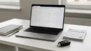 Laptop mit Firmenregister-Suche, Notizbuch und Autoschlüssel auf einem Schreibtisch zur Prüfung von Autohändlern