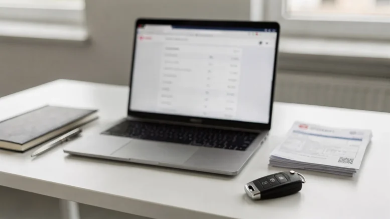 Laptop mit Firmenregister-Suche, Notizbuch und Autoschlüssel auf einem Schreibtisch zur Prüfung von Autohändlern